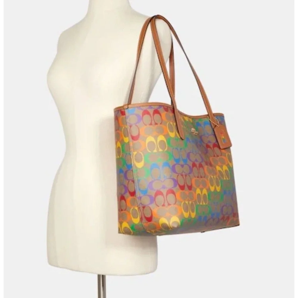 Coach City Tote Purse Bag In Rainbow Signature Canvas NEW